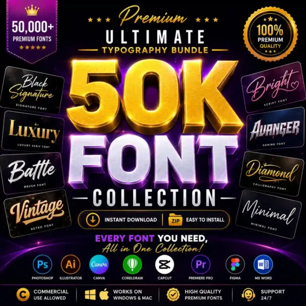 50,000+ Premium Fonts Collection | Luxury Typography Bundle for Designers & Creators