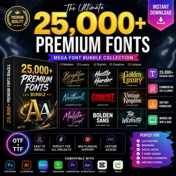 25,000+ Premium Fonts Bundle – Stylish, Modern & Creative Font Collection for Designers